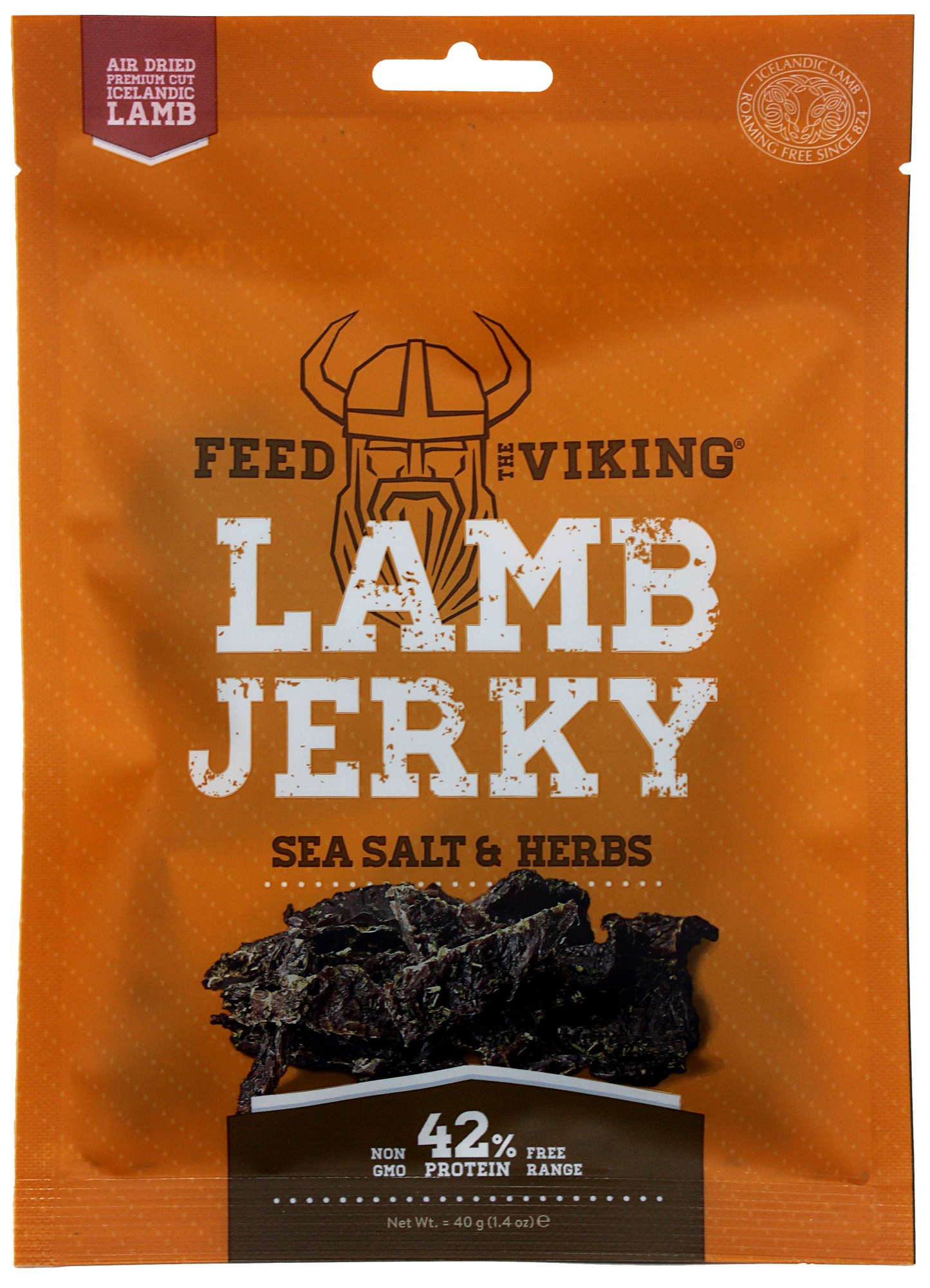 Fron view of the Lamb Jerky made with free-range lamb from Iceland. Air‑dried Icelandic lamb the viking way