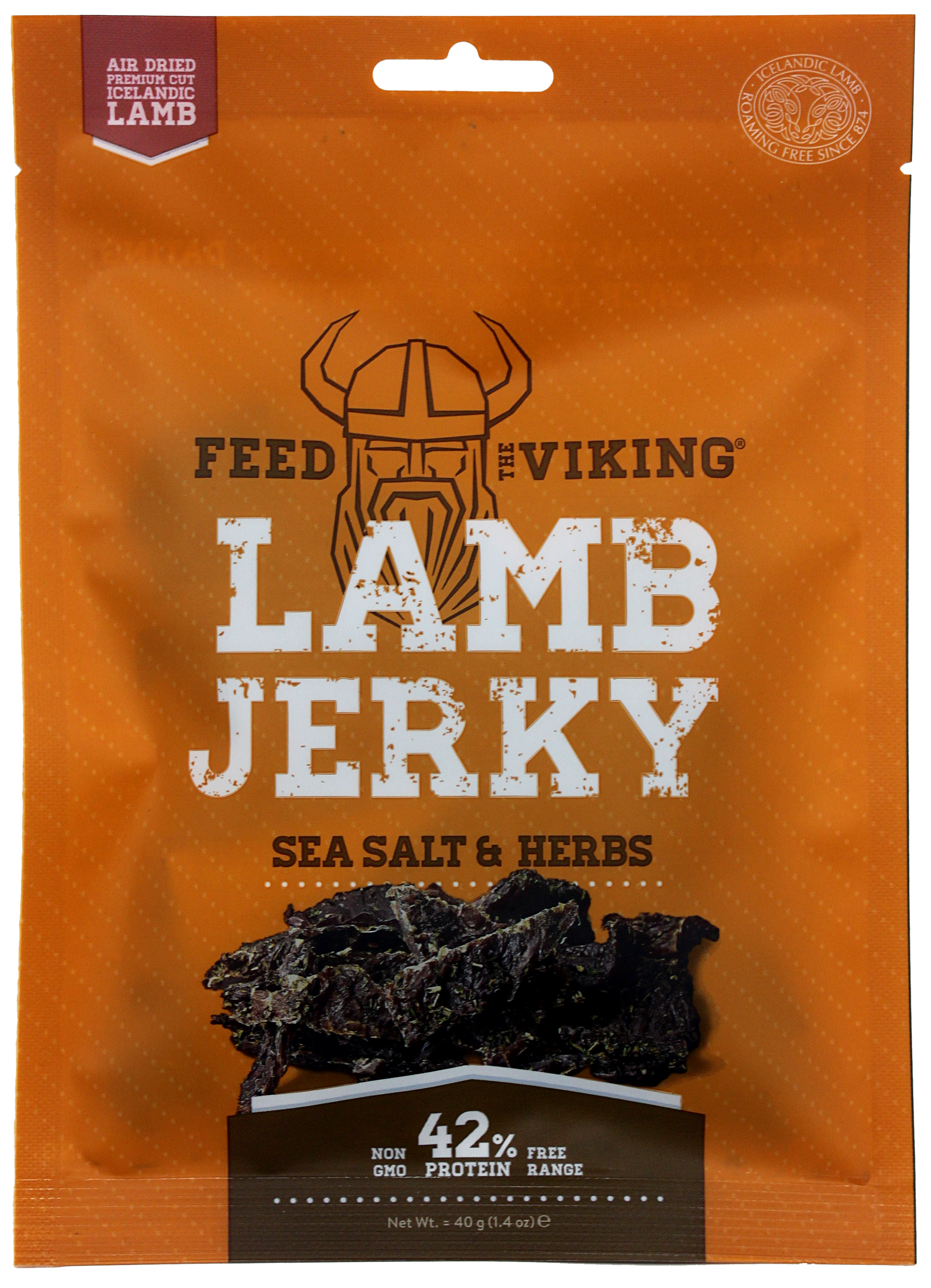Fron view of the Lamb Jerky made with free-range lamb from Iceland. Air‑dried Icelandic lamb the viking way