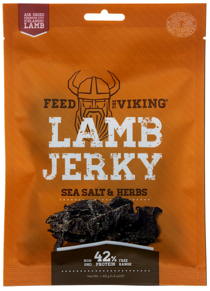 Fron view of the Lamb Jerky made with free-range lamb from Iceland. Air‑dried Icelandic lamb the viking way