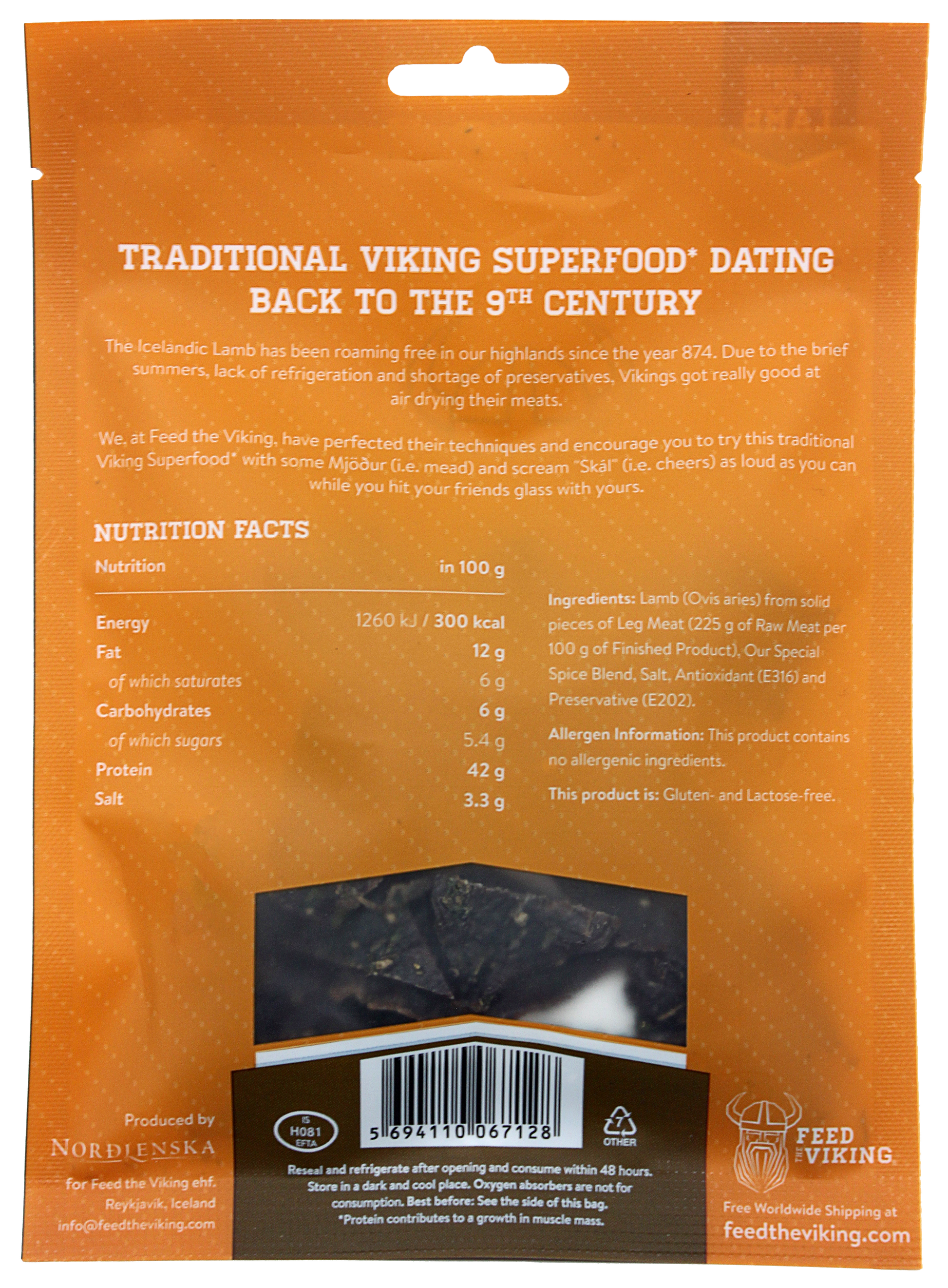 Rear label of the Lamb Jerky bag, highlighting ingredient panel (free‑range grass‑fed lamb, sea salt, herbs like parsley, thyme, sage) and nutrition facts (~42 g protein per 100 g), reinforcing clean‑label, high‑protein snack.