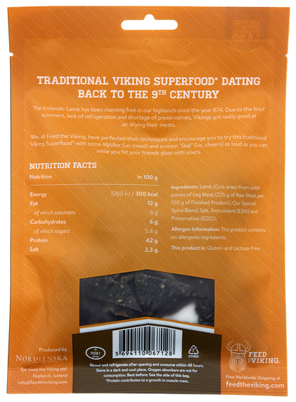 Rear label of the Lamb Jerky bag, highlighting ingredient panel (free‑range grass‑fed lamb, sea salt, herbs like parsley, thyme, sage) and nutrition facts (~42 g protein per 100 g), reinforcing clean‑label, high‑protein snack.