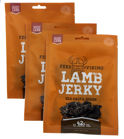 Premium grass‑fed lamb jerky in resealable packaging, made with simple ingredients and air‑dried for a high‑protein, clean-label snack.

